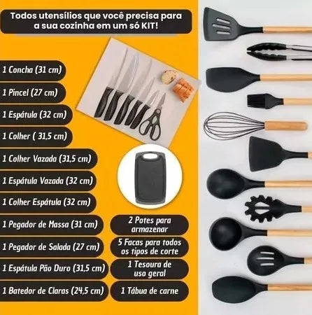 Kit de Cozinha 19 Utensílios em Silicone Premium - NÃO MANCHA E NÃO PEGA MOFO