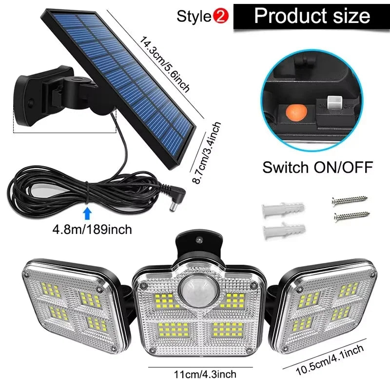 Refletor Led Solar Com 3 Cabeças 122/333Led IP65 à Prova d'água