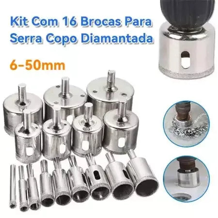 Kit 16 Bicos de Furo Diamantados Brocas Serra Copo