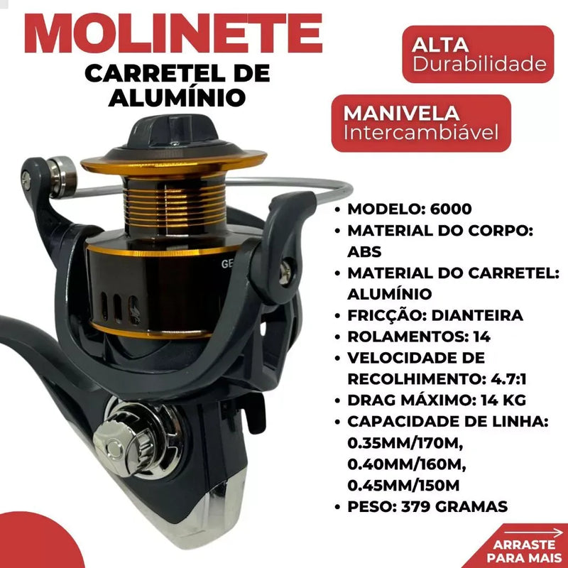 Molinete De Pesca Grande 6000 Carretel Alumínio 14 Rolamentos Resistente Intercambiável