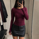 Camiseta Feminina Manga Longa Básica Elástica - Slim Decote Redondo Casual para Outono e Inverno