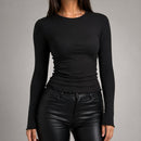 Camiseta Feminina Manga Longa Básica Elástica - Slim Decote Redondo Casual para Outono e Inverno