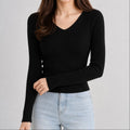 Suéter Feminino Tricô Decote V Slim - Pulôver Coreano Manga Longa para Outono e Inverno