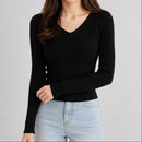Suéter Feminino Tricô Decote V Slim - Pulôver Coreano Manga Longa para Outono e Inverno