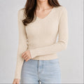 Suéter Feminino Tricô Decote V Slim - Pulôver Coreano Manga Longa para Outono e Inverno
