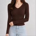 Suéter Feminino Tricô Decote V Slim - Pulôver Coreano Manga Longa para Outono e Inverno
