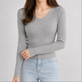 Suéter Feminino Tricô Decote V Slim - Pulôver Coreano Manga Longa para Outono e Inverno