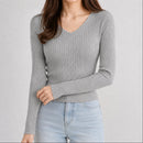 Suéter Feminino Tricô Decote V Slim - Pulôver Coreano Manga Longa para Outono e Inverno