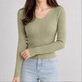 Suéter Feminino Tricô Decote V Slim - Pulôver Coreano Manga Longa para Outono e Inverno