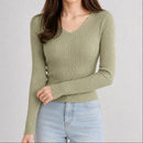 Suéter Feminino Tricô Decote V Slim - Pulôver Coreano Manga Longa para Outono e Inverno