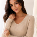 Suéter Feminino Tricô Decote V Slim - Pulôver Coreano Manga Longa para Outono e Inverno