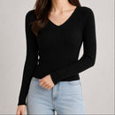 Suéter Feminino Tricô Decote V Slim - Pulôver Coreano Manga Longa para Outono e Inverno